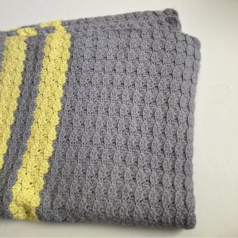 Vintage Unisex Hand Knitted Crocheted Baby Blanket Blueish Gray Yellow 36x48”